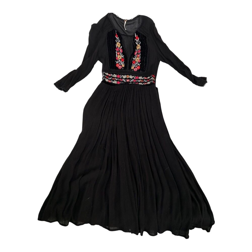 Free People Black Velvet Floral Embroidered Maxi Dress Boho